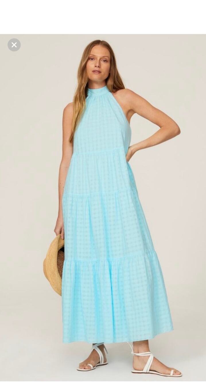 TRINA TURK Sky Blue 100% Cotton Halter Neck Sunglasses Maxi Dress Size Small